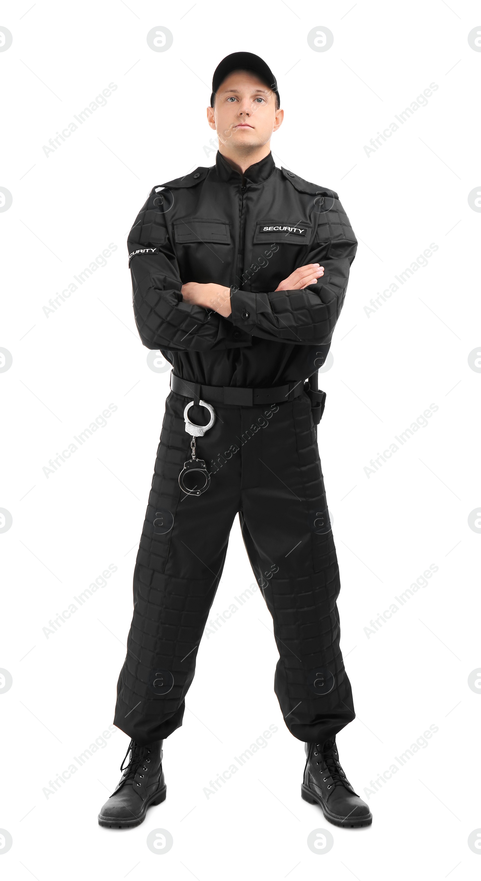 Photo of Male security guard in uniform on white background