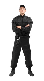 Male security guard in uniform on white background