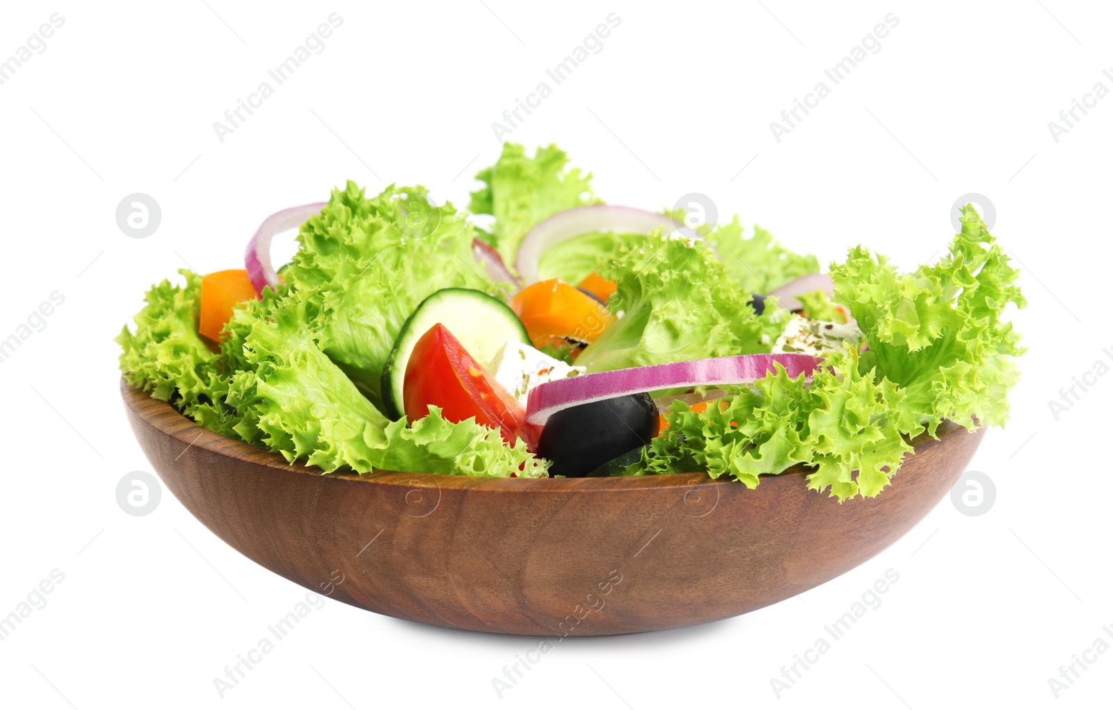 Photo of Tasty fresh Greek salad on white background