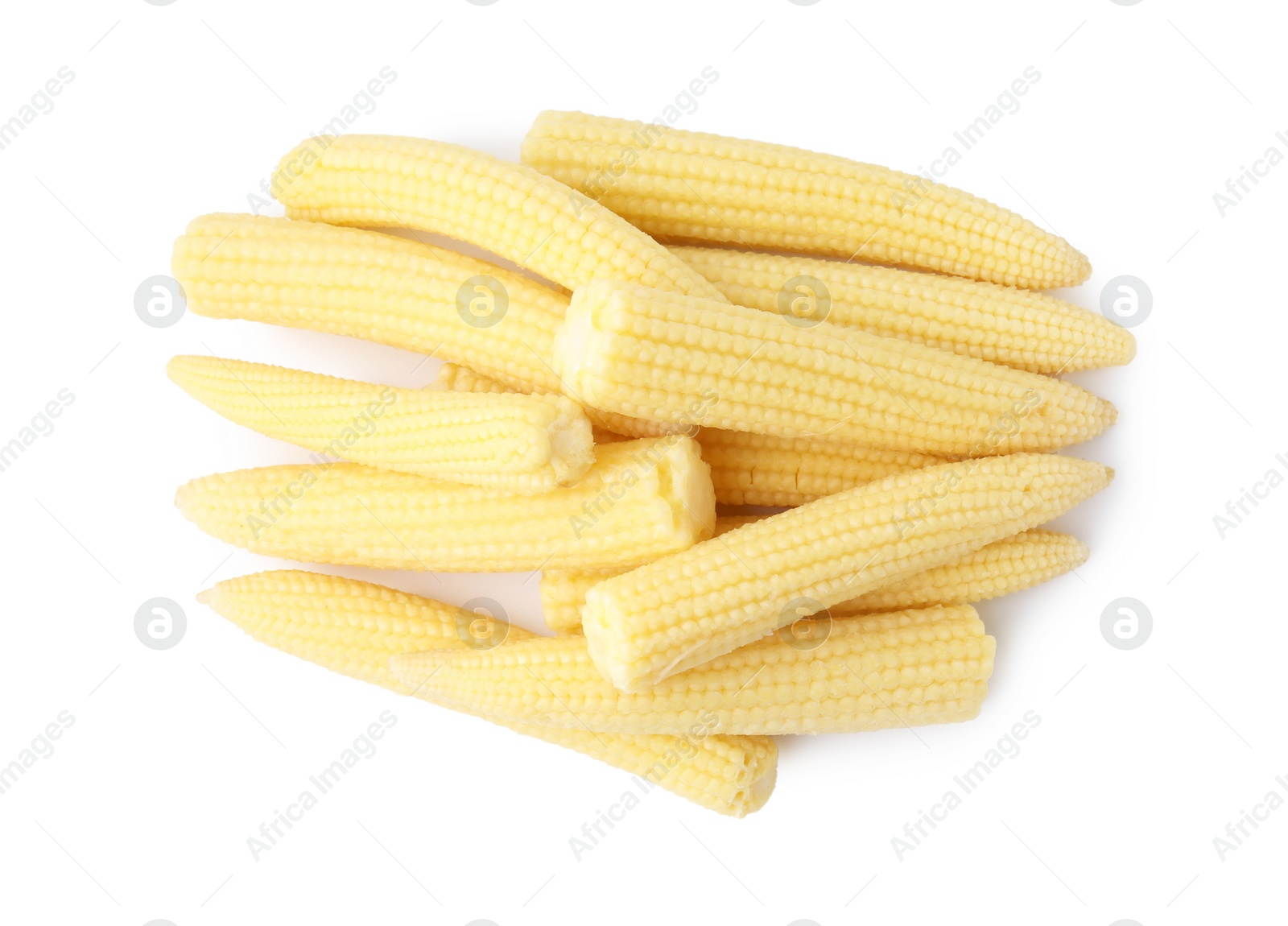 Photo of Tasty fresh baby corns isolated on white, top view