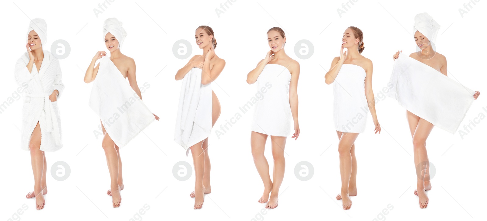 Image of Beautiful woman with towel on white background, collage. Banner design