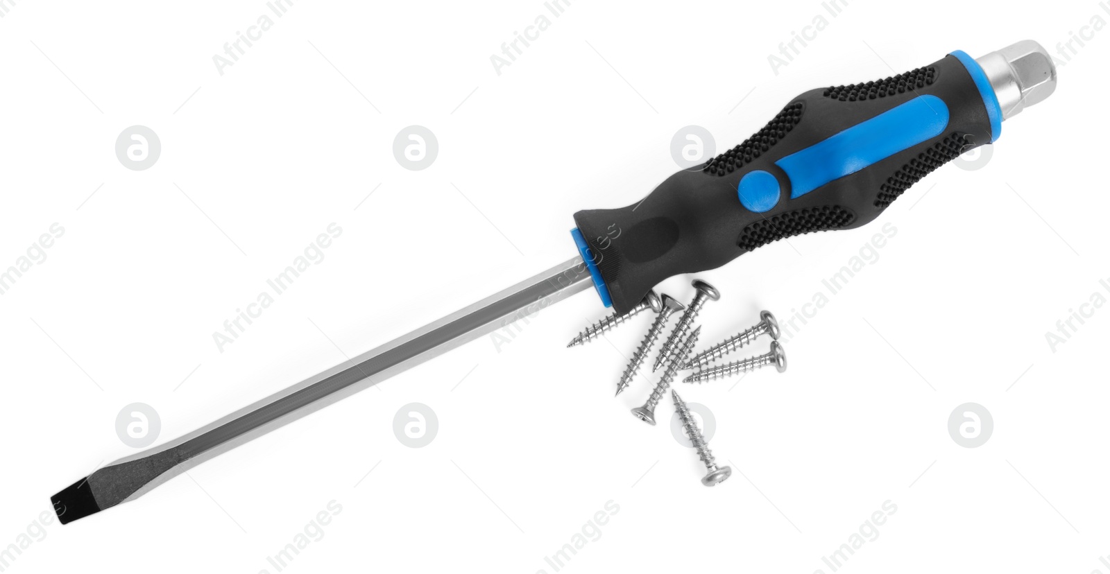 Photo of Screwdriver with black handle and screws isolated on white, top view