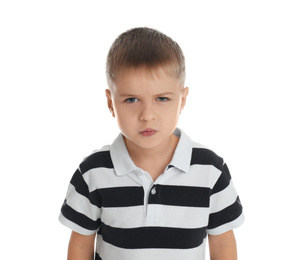 Photo of Portrait of angry little boy on white background