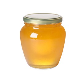 Photo of Tasty natural honey in glass jar isolated on white