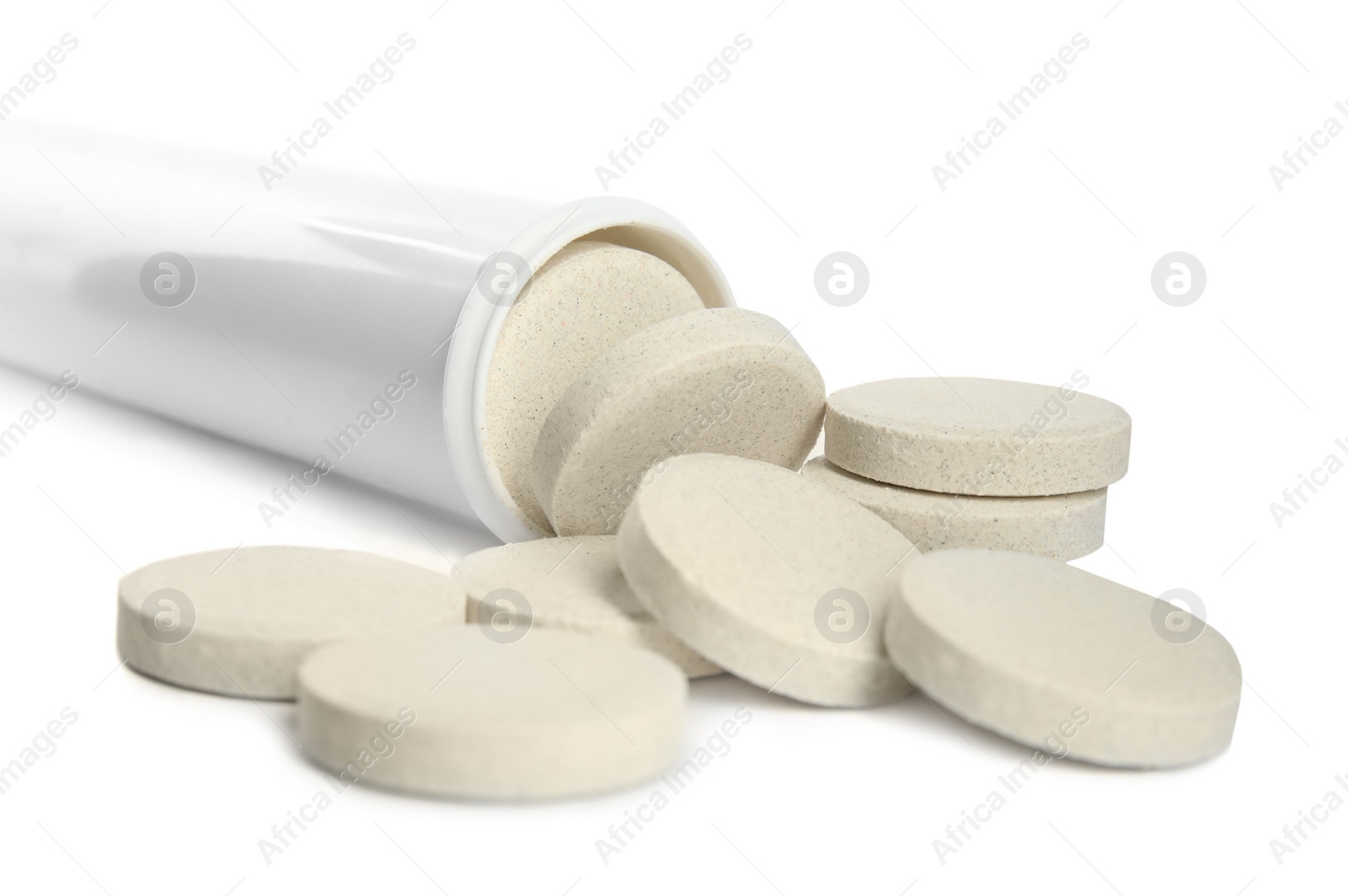 Photo of Bottle with vitamin pills isolated on white, closeup