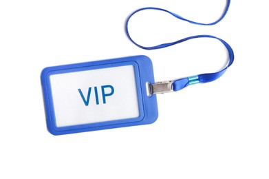 Photo of Blue vip badge isolated on white, top view