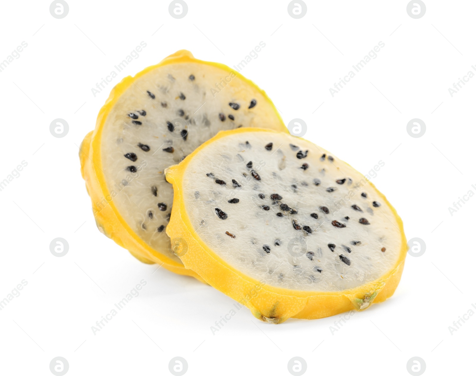 Photo of Delicious cut yellow pitahaya fruit on white background