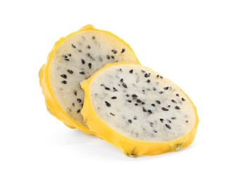 Photo of Delicious cut yellow pitahaya fruit on white background