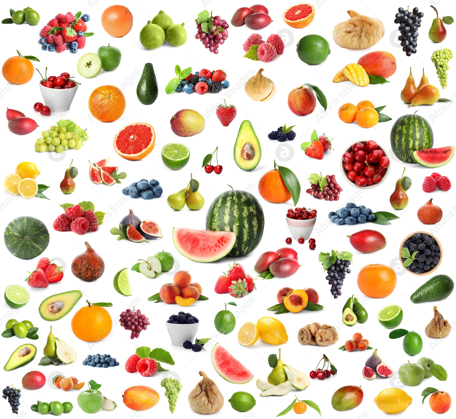 Image of Set of fresh ripe fruits and berries on white background