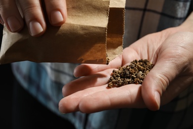 Woman pouring beet seeds from paper bag into hand, closeup. Vegetable planting