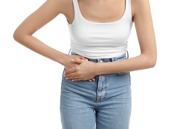 Photo of Woman suffering from appendicitis inflammation on white background, closeup