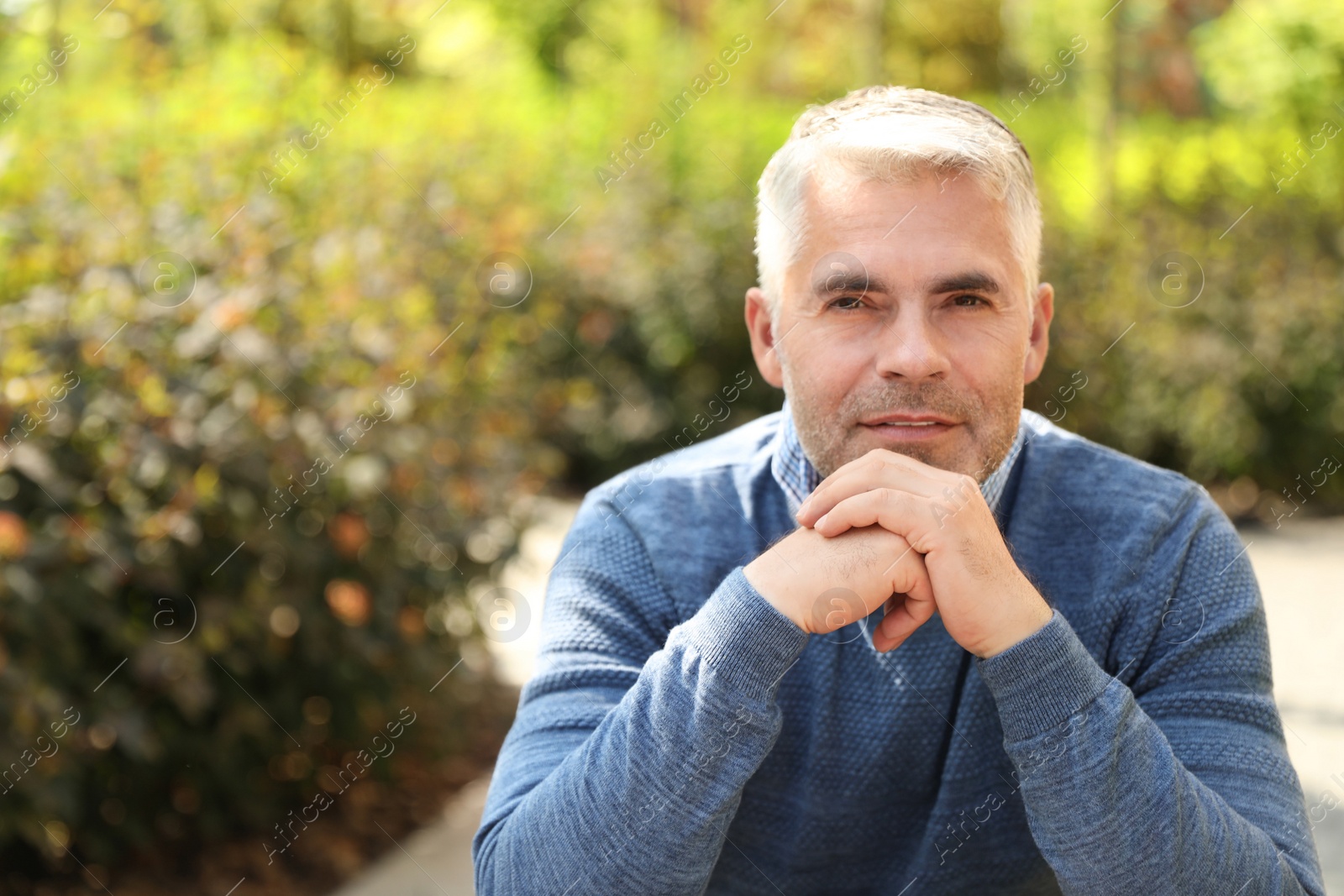 Photo of Handsome mature man in park. Space for text