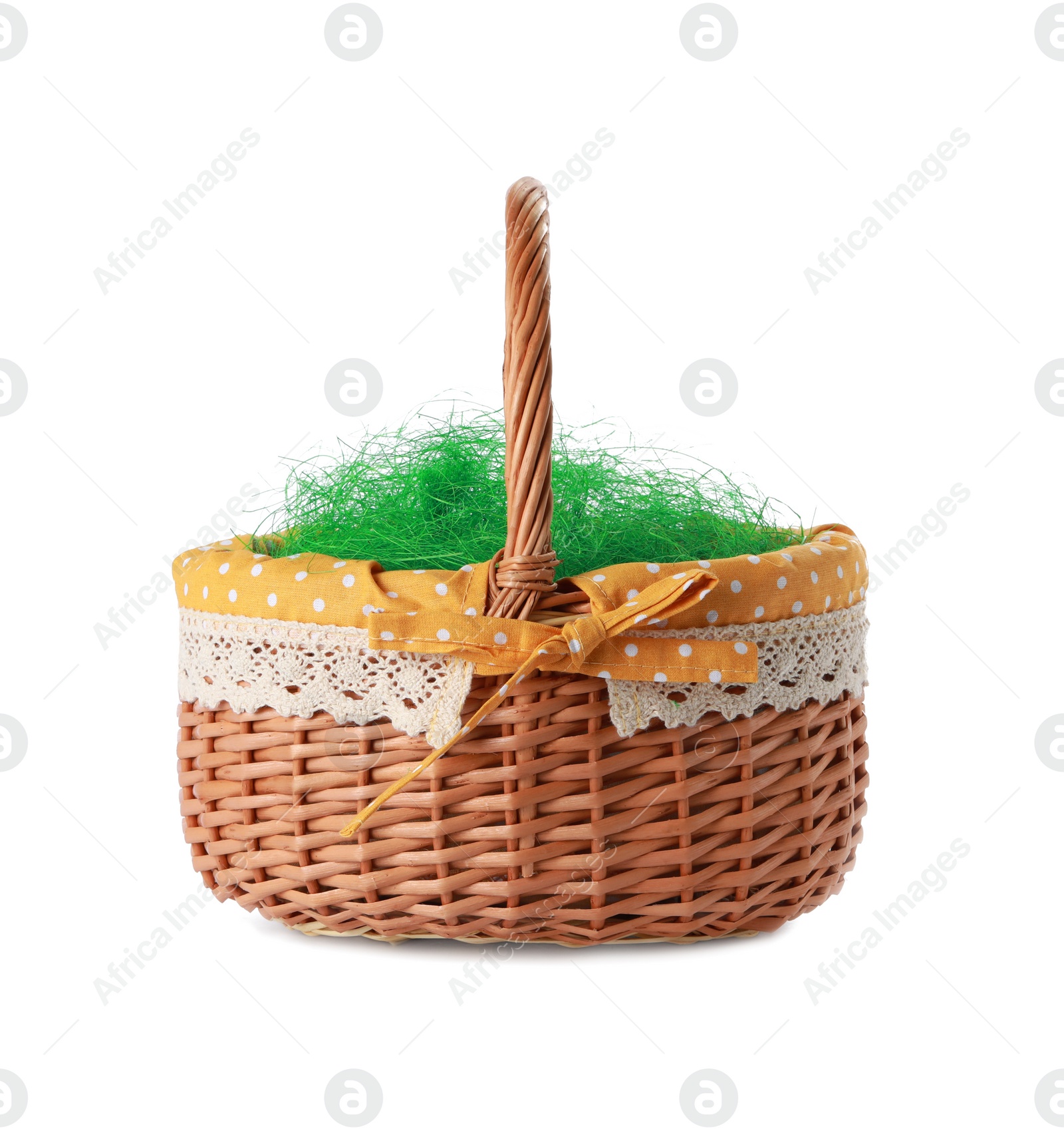 Photo of Easter wicker basket with decorated grass isolated on white