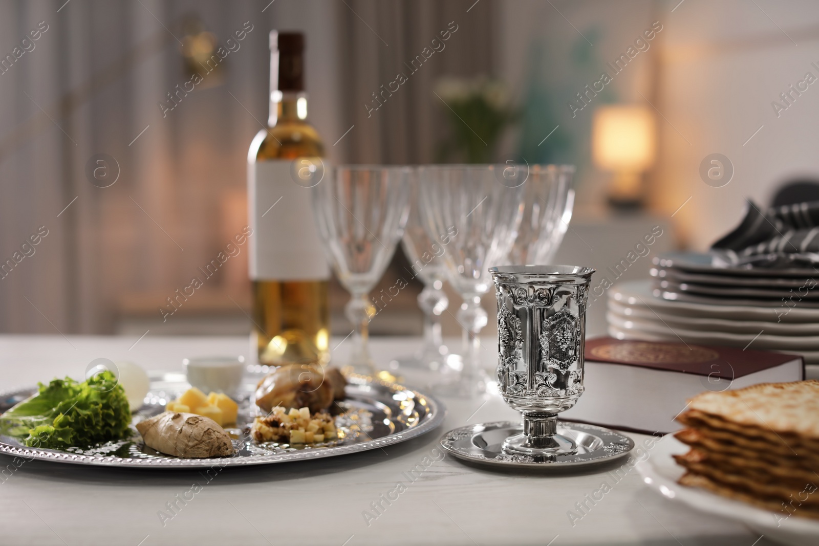 Photo of Table served for Passover (Pesach) Seder indoors