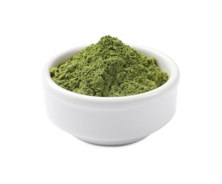 Photo of Green matcha powder in bowl isolated on white