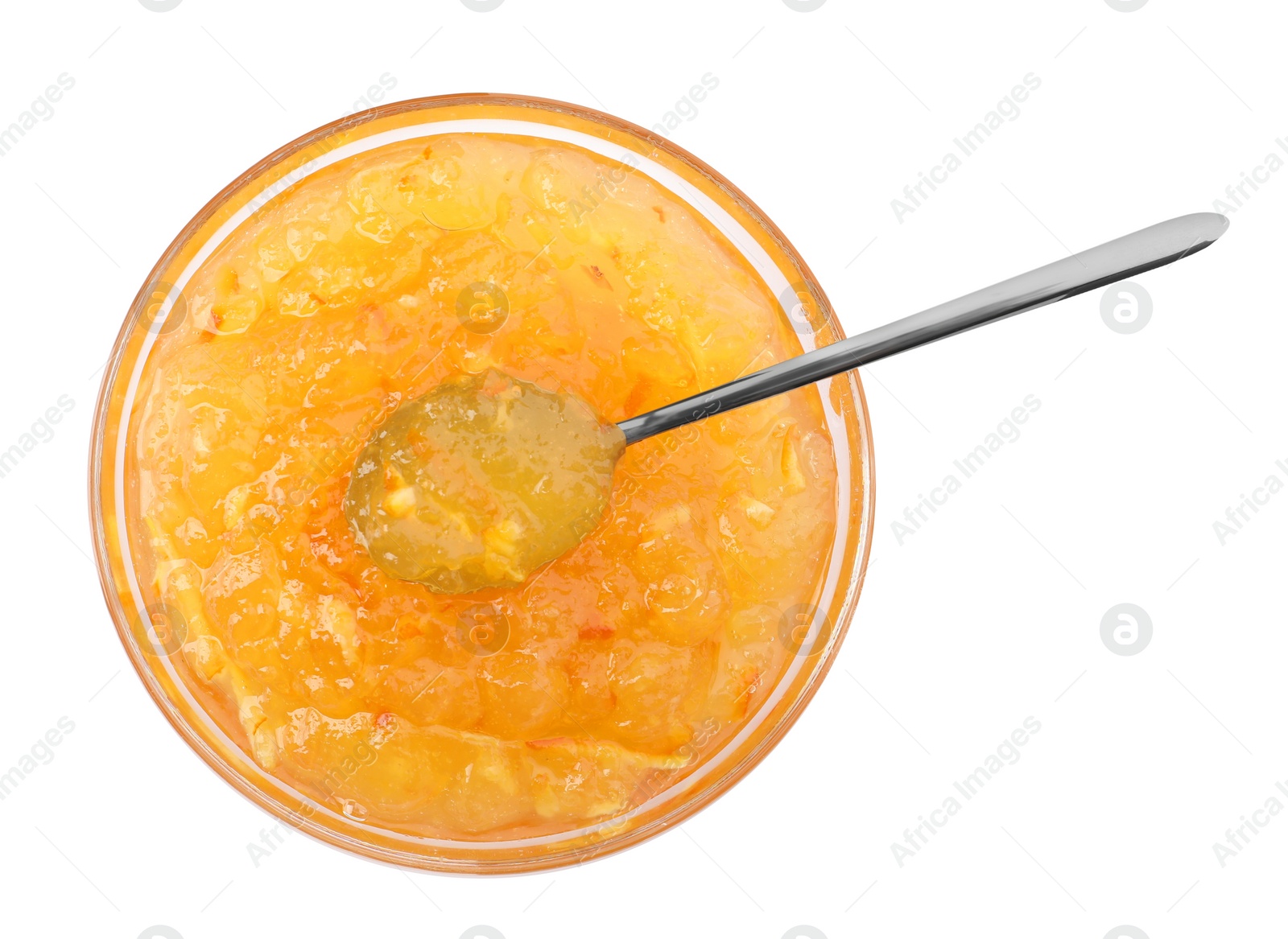 Photo of Delicious orange marmalade in bowl with spoon on white background, top view