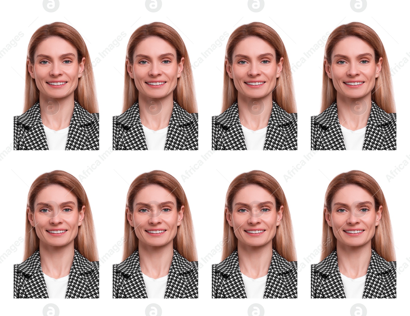 Image of Passport photo, collage. Woman on white background, set of photos