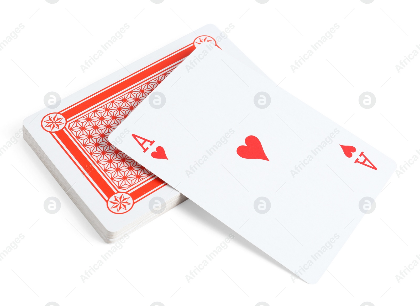 Photo of Playing cards and ace of hearts on white background