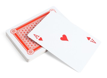 Photo of Playing cards and ace of hearts on white background