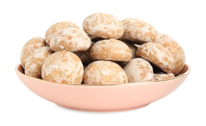 Tasty homemade gingerbread cookies in bowl on white background