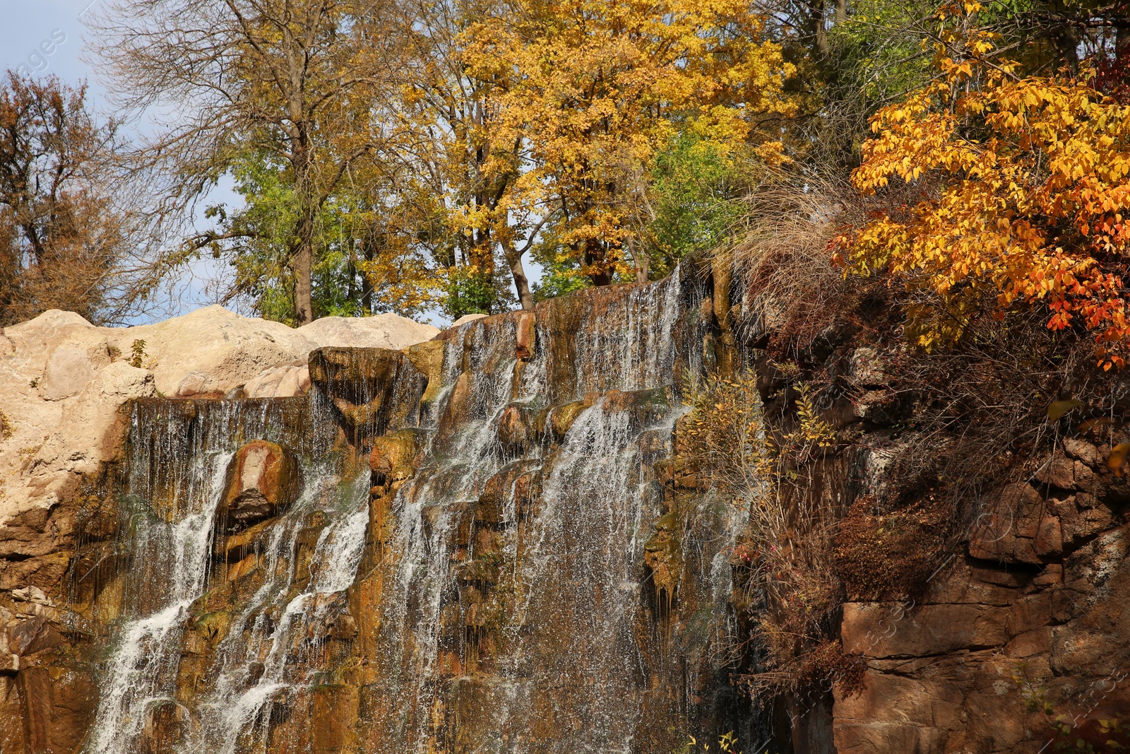 Photo of Picturesque view of beautiful waterfall and trees on sunny day