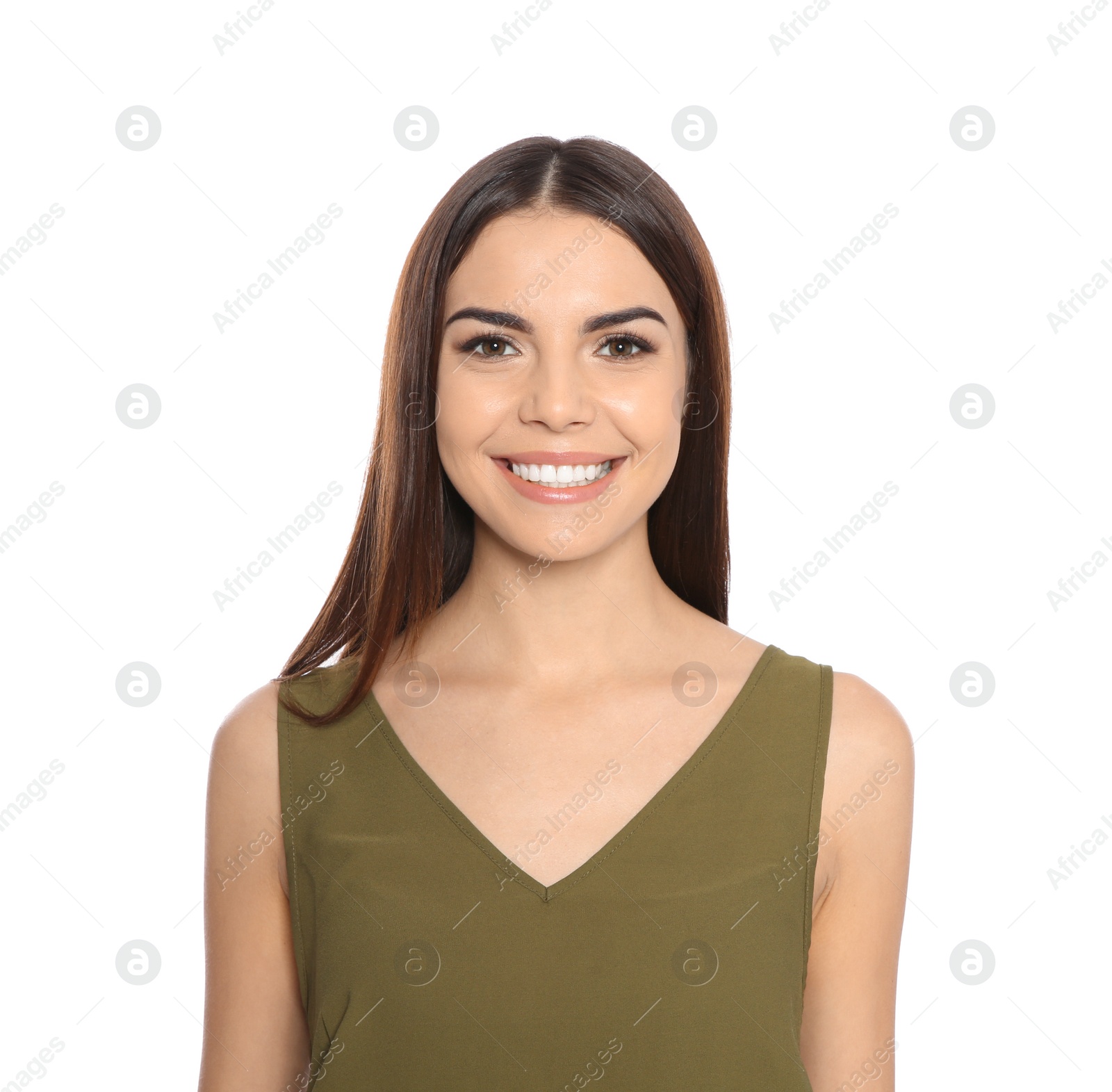 Photo of Portrait of young woman laughing on white background