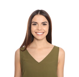 Portrait of young woman laughing on white background