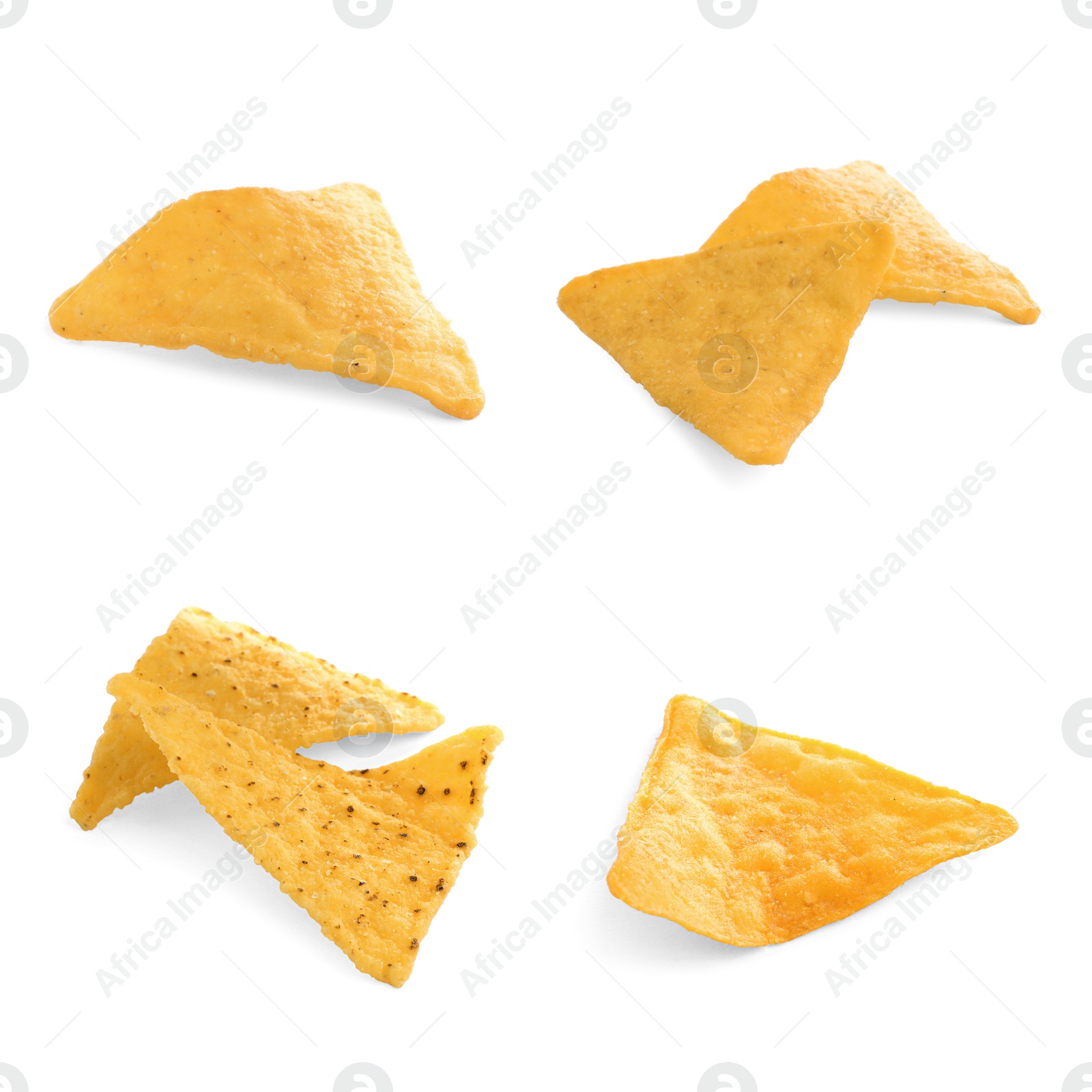 Image of Set with tasty tortilla chips (nachos) on white background