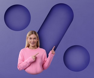 Image of Discount offer. Happy woman sticking out of percent sign on purple background