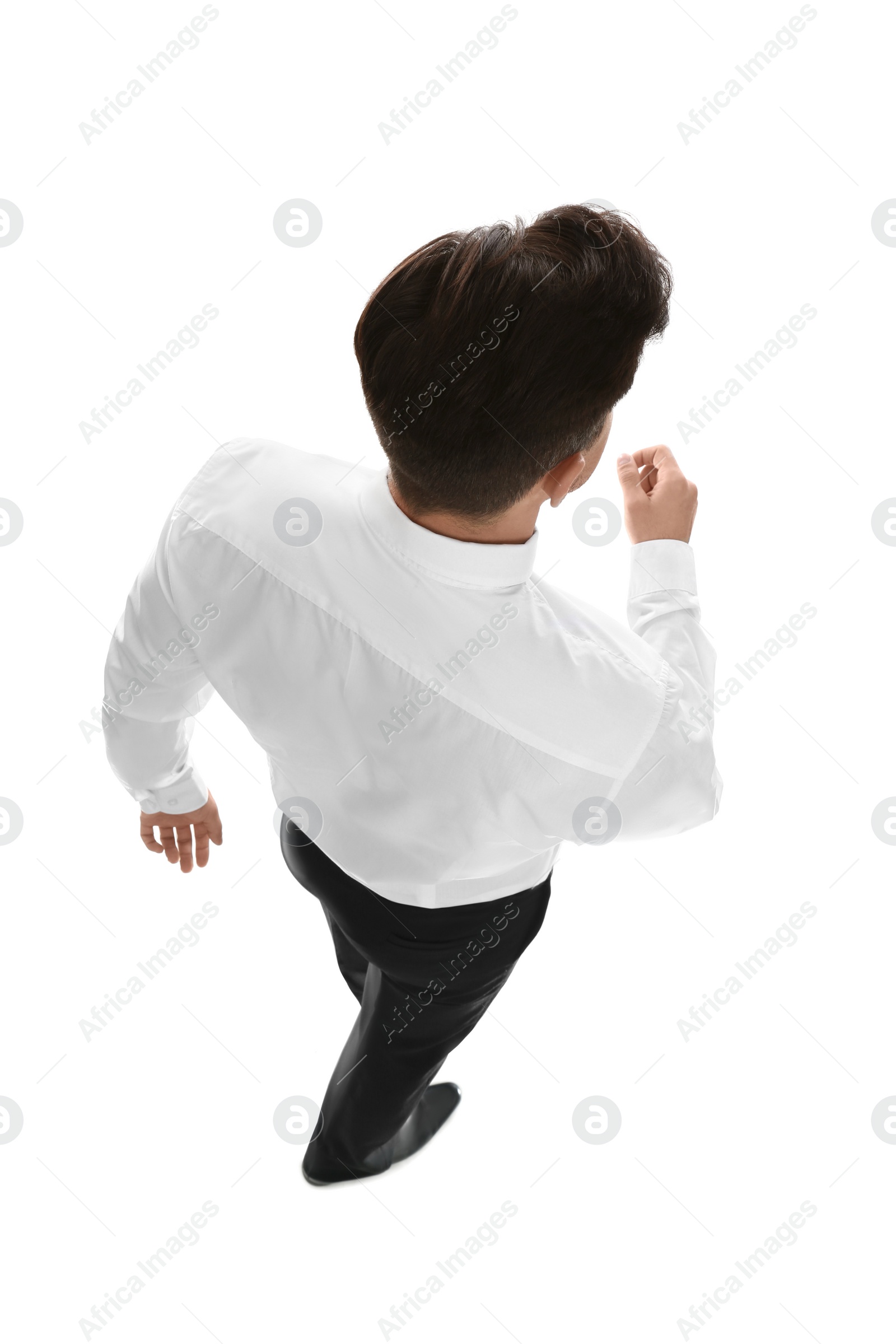 Photo of Businessman in formal clothes on white background, back view