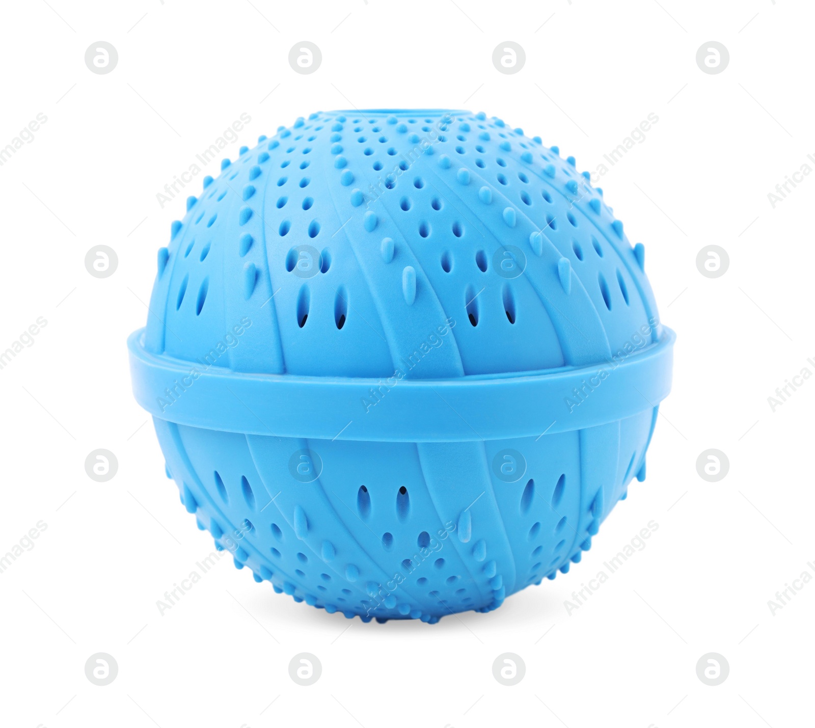 Photo of Light blue dryer ball for washing machine isolated on white. Laundry detergent substitute