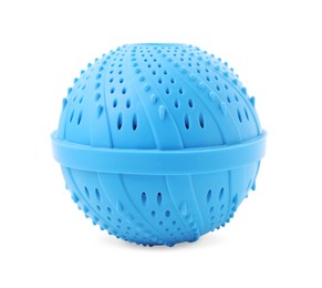 Photo of Light blue dryer ball for washing machine isolated on white. Laundry detergent substitute