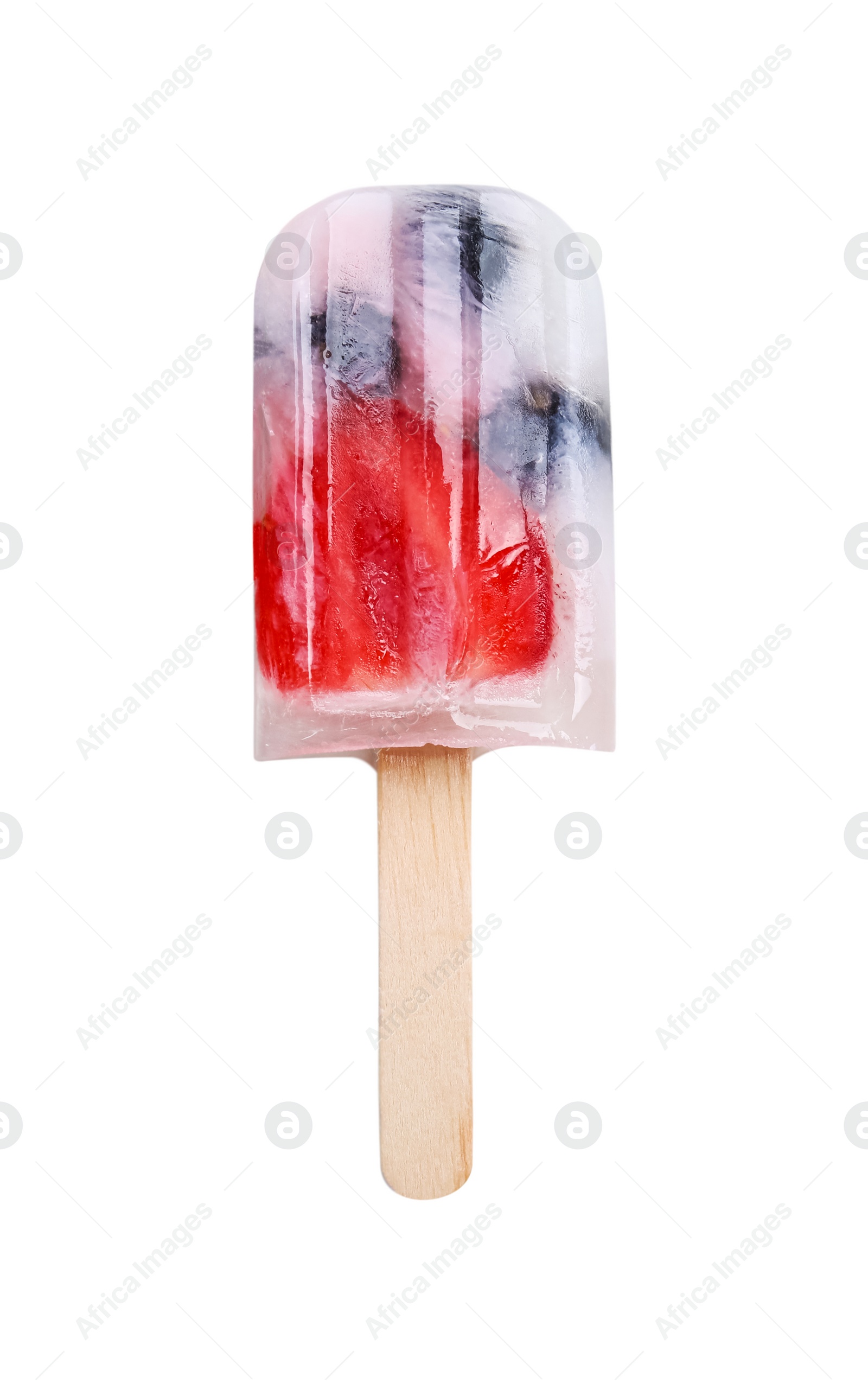 Photo of Tasty berry popsicle isolated on white, top view