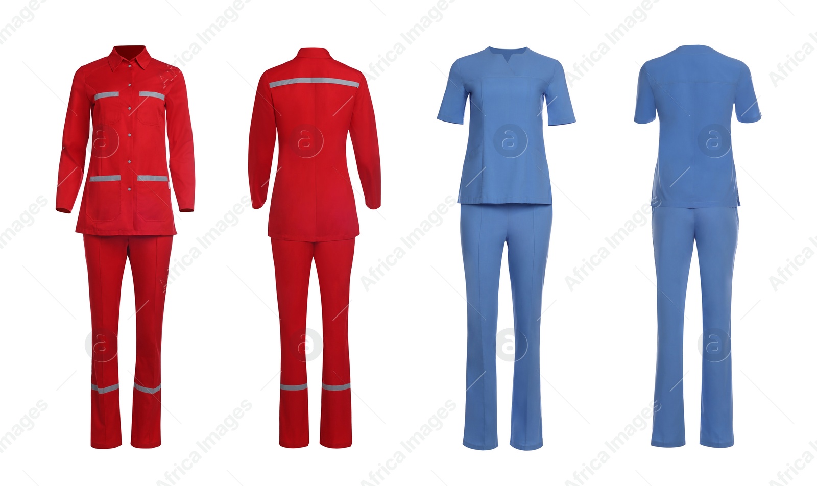 Image of Blue and red medical uniforms isolated on white, collage with back and front views