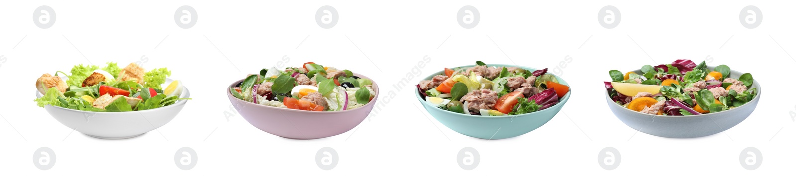 Image of Set with different tasty salads on white background. Banner design