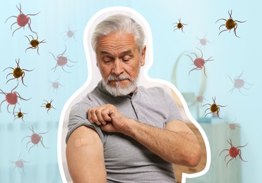Image of Man with strong immunity due to vaccination surrounded by viruses indoors