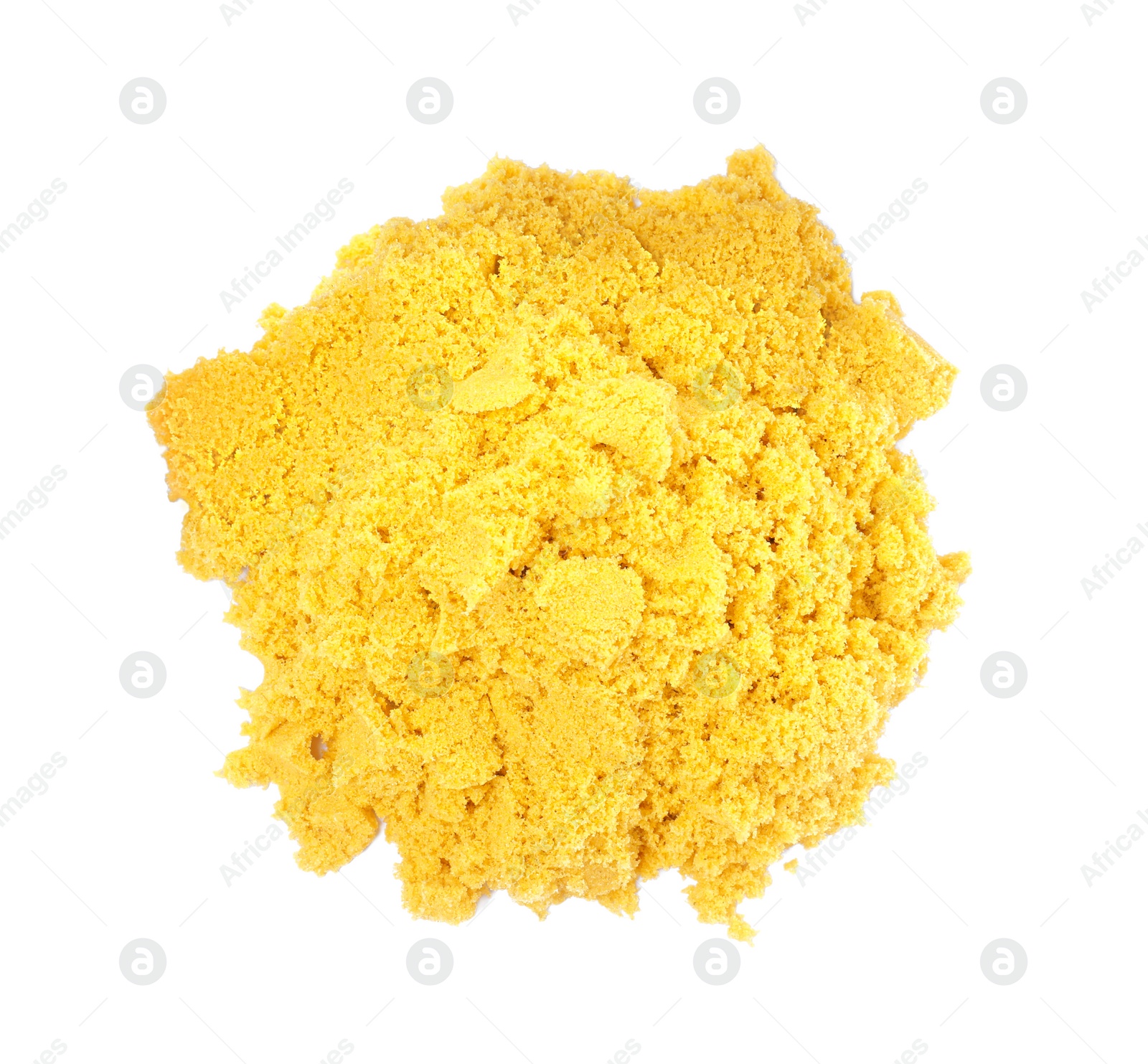 Photo of Pile of yellow kinetic sand on white background, top view