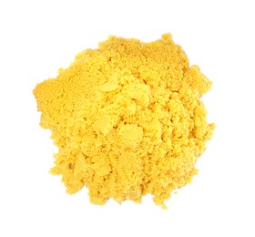 Photo of Pile of yellow kinetic sand on white background, top view