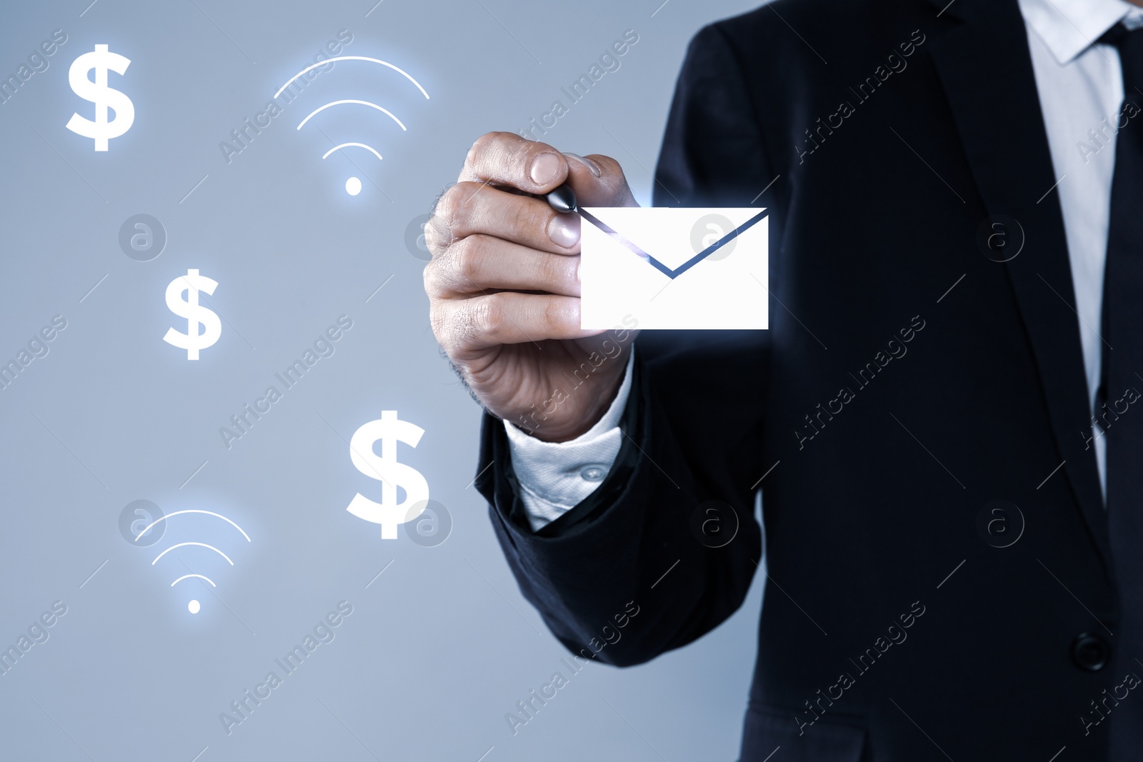 Image of Electronic mail. Businessman and virtual screen with different icons, closeup