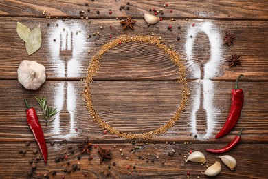 Photo of Beautiful flat lay composition with different spices, silhouettes of cutlery and plate on wooden background. Space for text