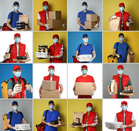 Image of Collage with photos of courier in protective mask holding orders and boxes on color backgrounds. Delivery service during coronavirus quarantine