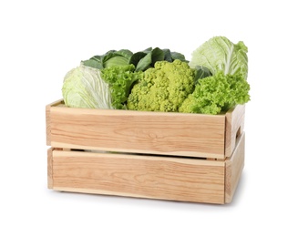 Photo of Wooden crate full of fresh green vegetables on white background