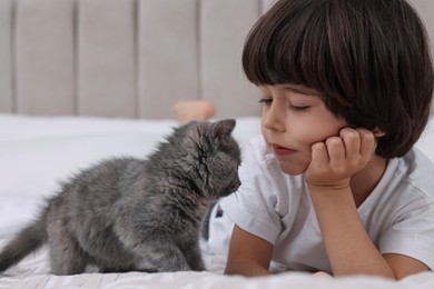Photo of Cute little boy with kitten on bed. Childhood pet