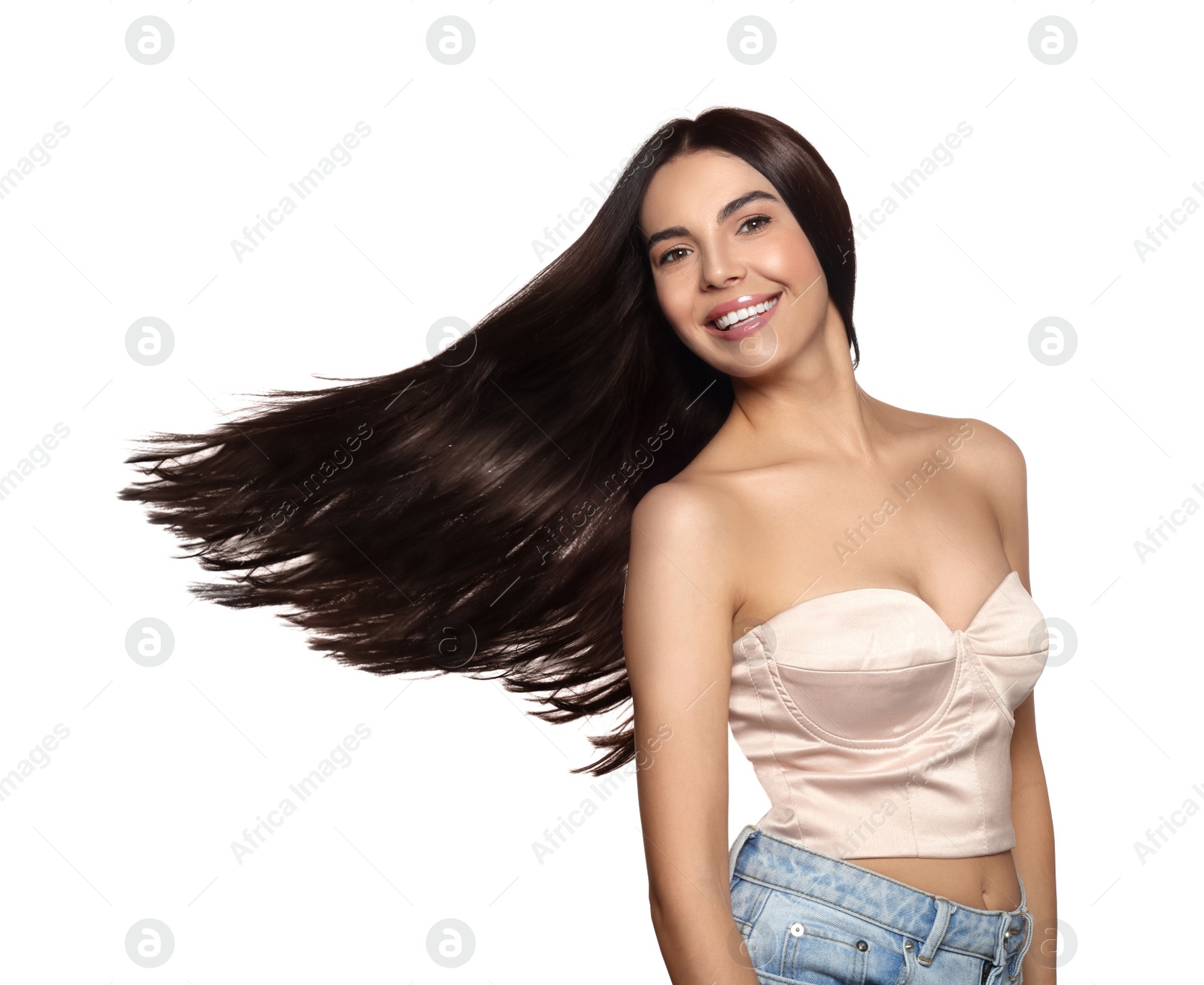 Photo of Portrait of beautiful young woman with healthy strong hair on white background