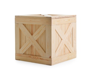 Photo of One closed wooden crate isolated on white