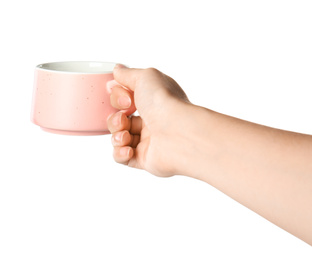 Photo of Woman holding pink cup on white background, closeup