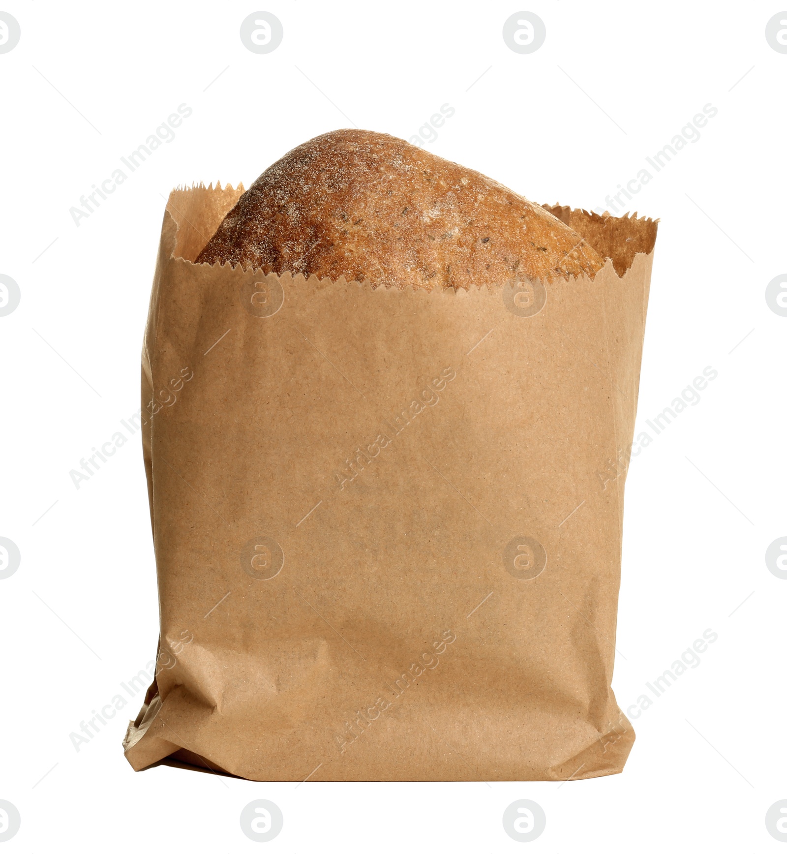 Photo of Paper bag with bread on white background. Space for design