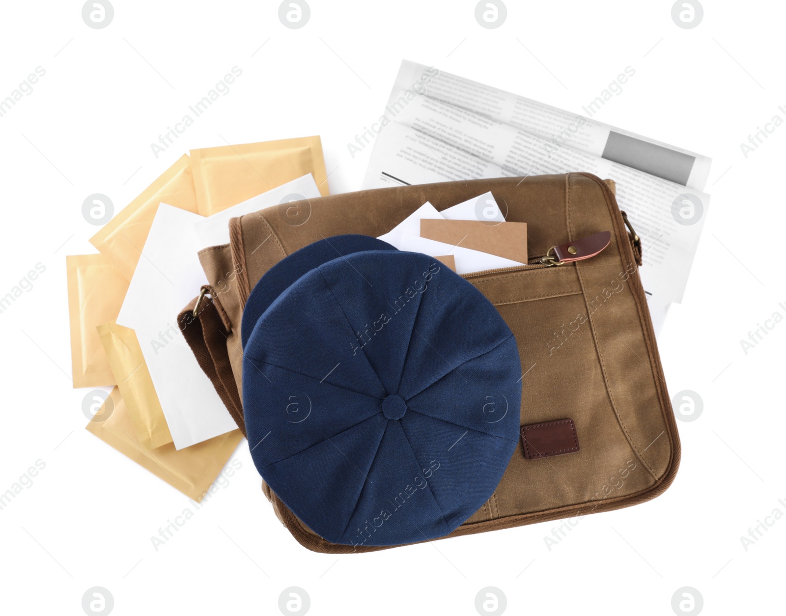 Photo of Brown postman bag with mails, newspapers and hat on white background, top view