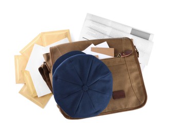 Photo of Brown postman bag with mails, newspapers and hat on white background, top view