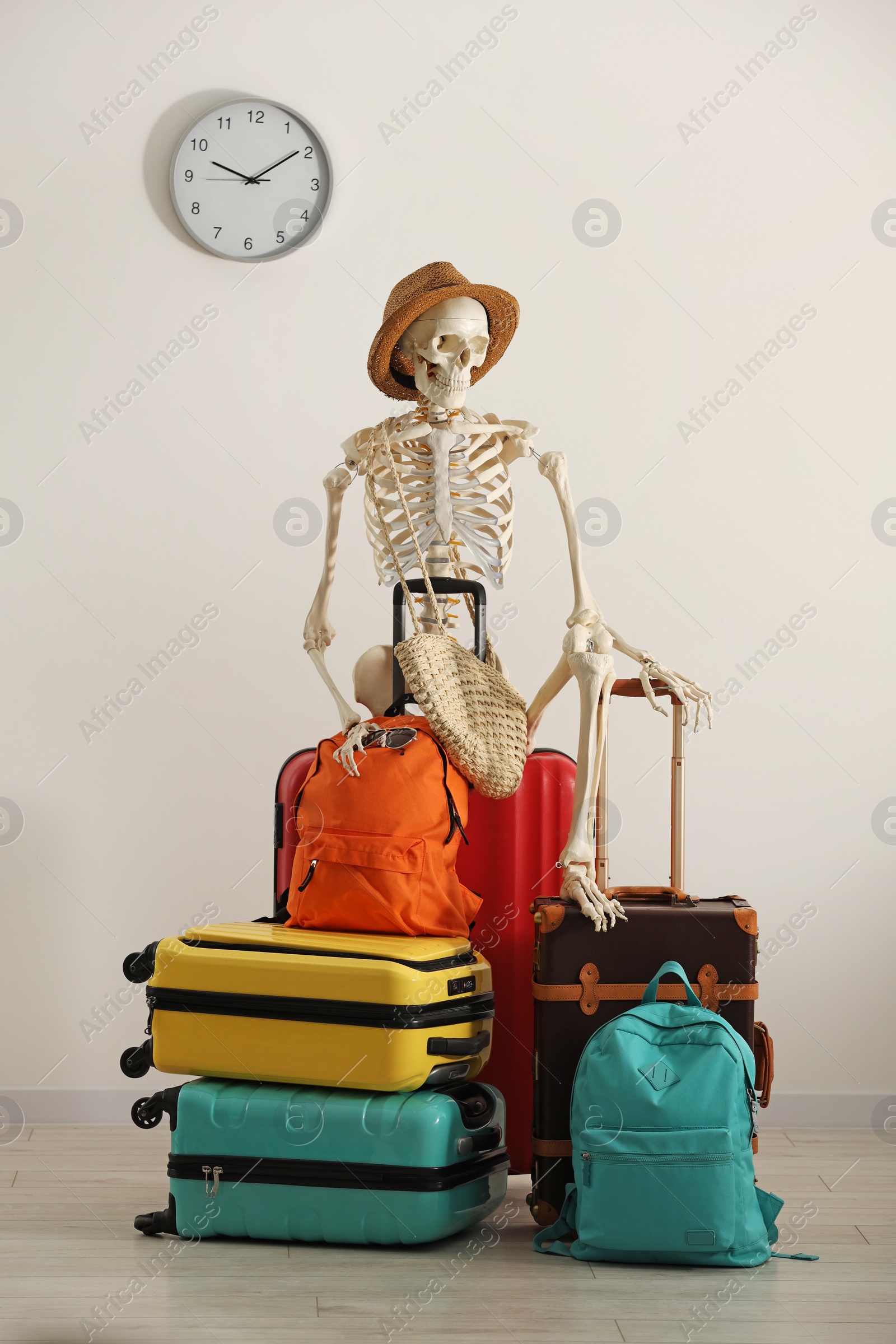 Photo of Waiting concept. Human skeleton in hat with suitcases indoors